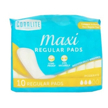 Here is a descriptive alt tag for the image:
Pack of Coralite maxi regular pads in a blue and yellow wrapper.